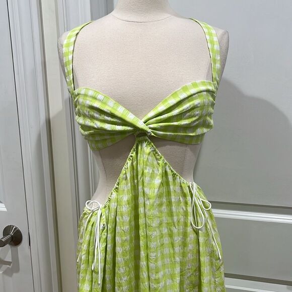 New! FOR LOVE AND LEMONS Maureen Midi Gingham Dress Green White Size Medium - Picture 4 of 12